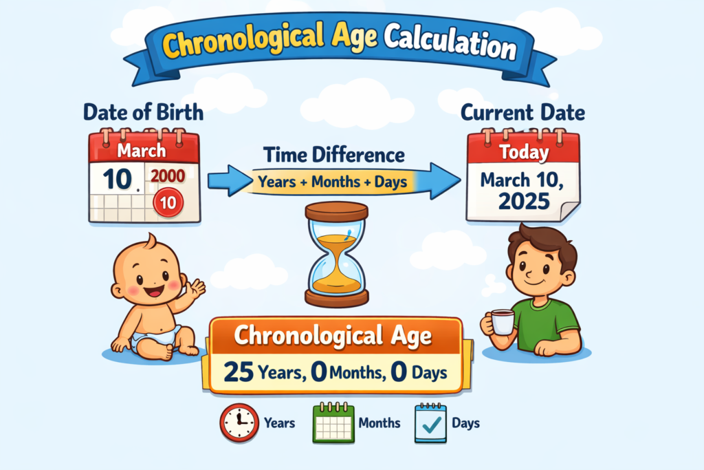 chronological age calculator example showing date of birth and current date