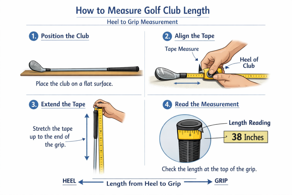 Step-by-step diagram showing how to measure golf club length from heel to grip using a measuring tape, labeled illustration, clean instructional style